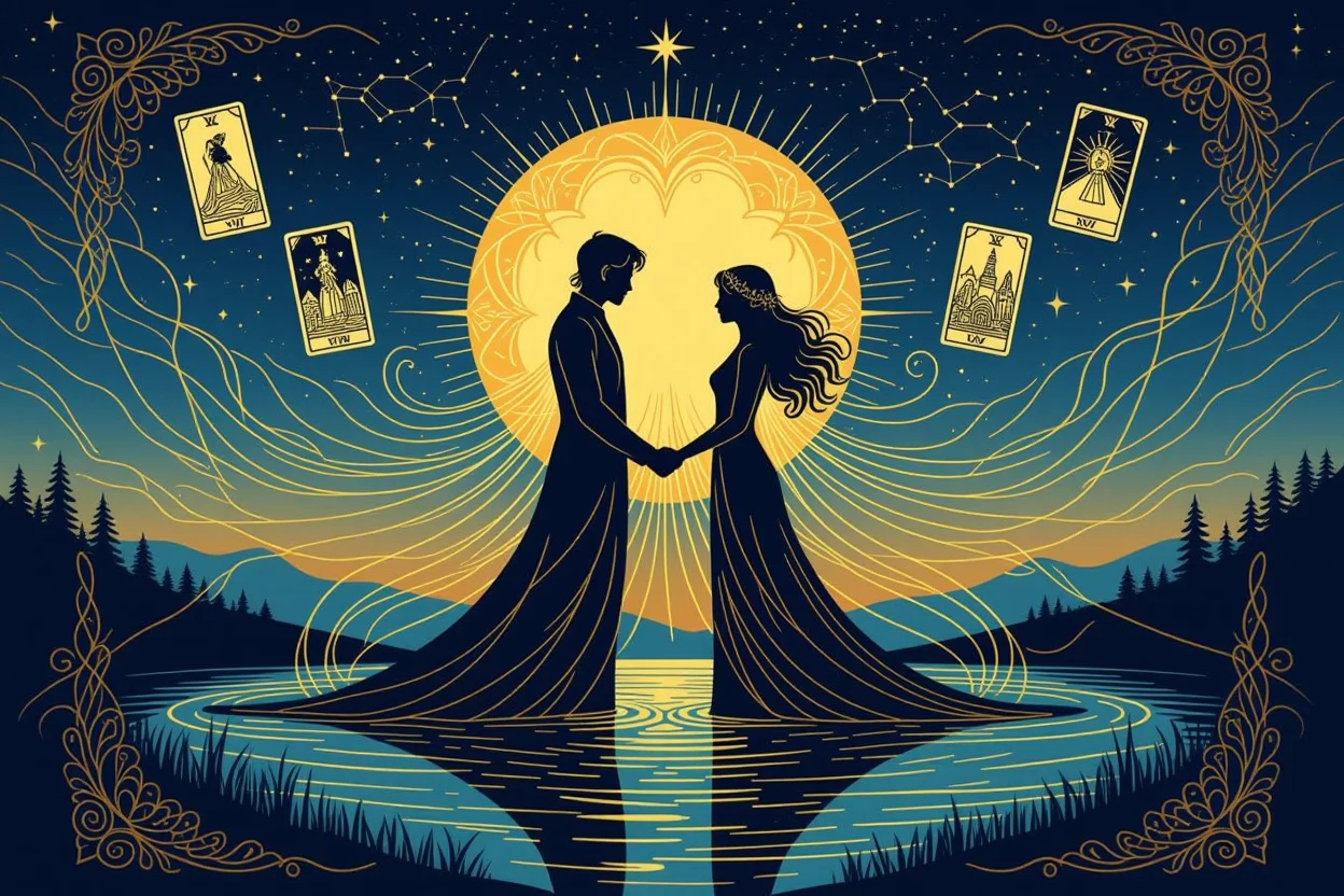 タロットで繋がる二人の魂、運命の赤い糸を表現した神秘的な恋愛運のイメージ