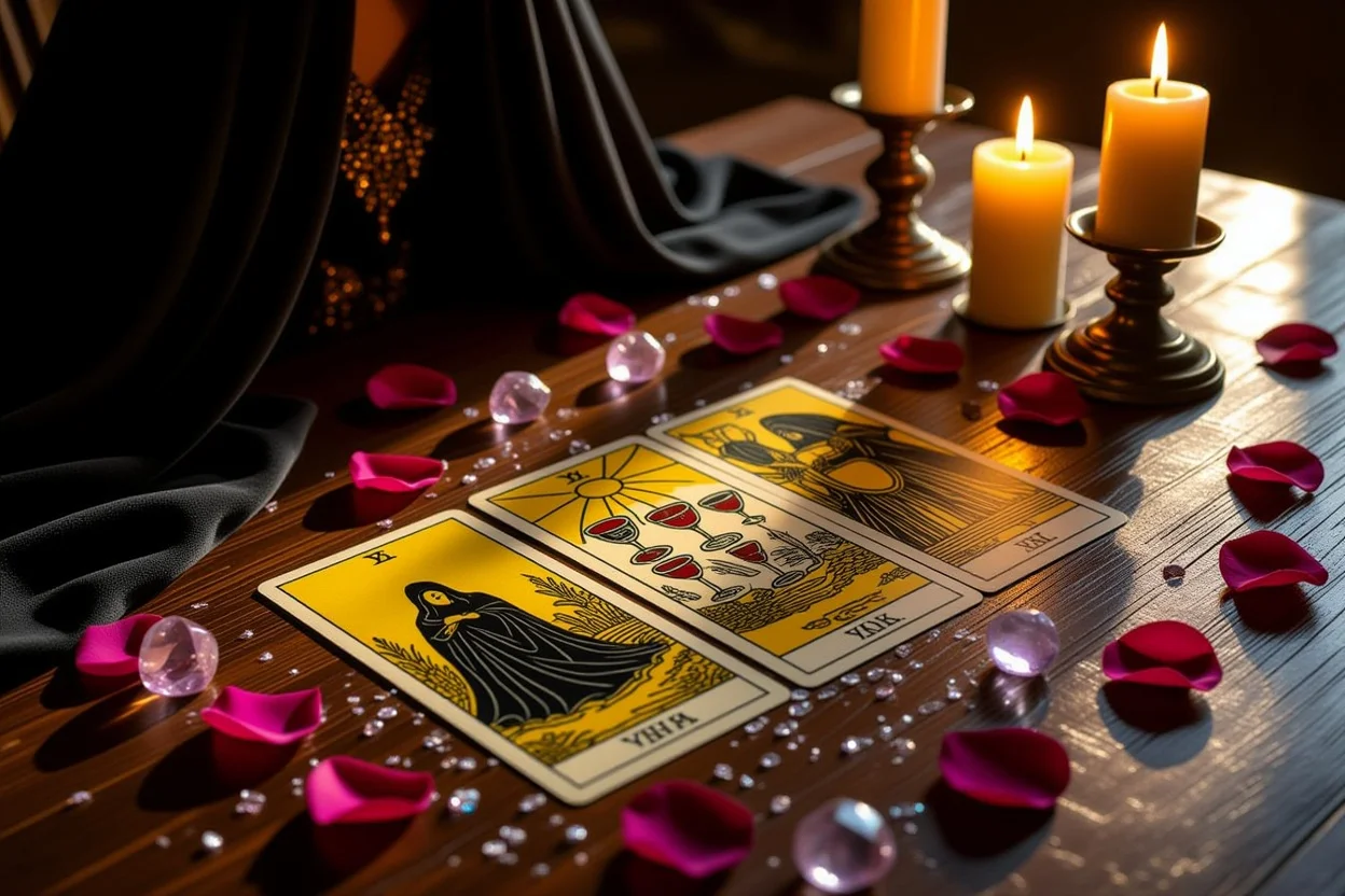 恋愛タロット占いの神秘的なシーン、影と光のコントラストで深層心理を表現