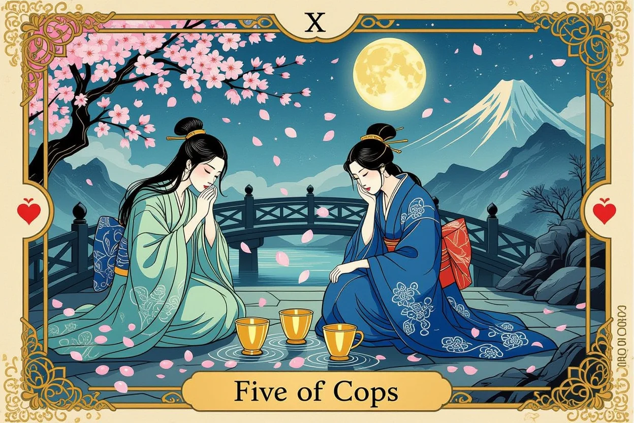 カップの5のタロットカード、失恋と希望を表現した和風デザイン