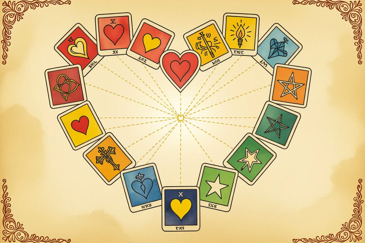 マイナーアルカナのハート型配置、恋愛における成長と癒しの旅路を表現