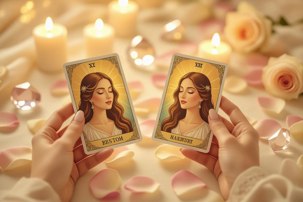 恋愛タロットカードが鏡のように自分を映し出す神秘的なシーン