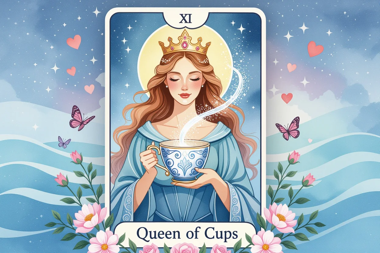 カップのクイーンタロットカードと愛の象徴に囲まれた美しいイラスト