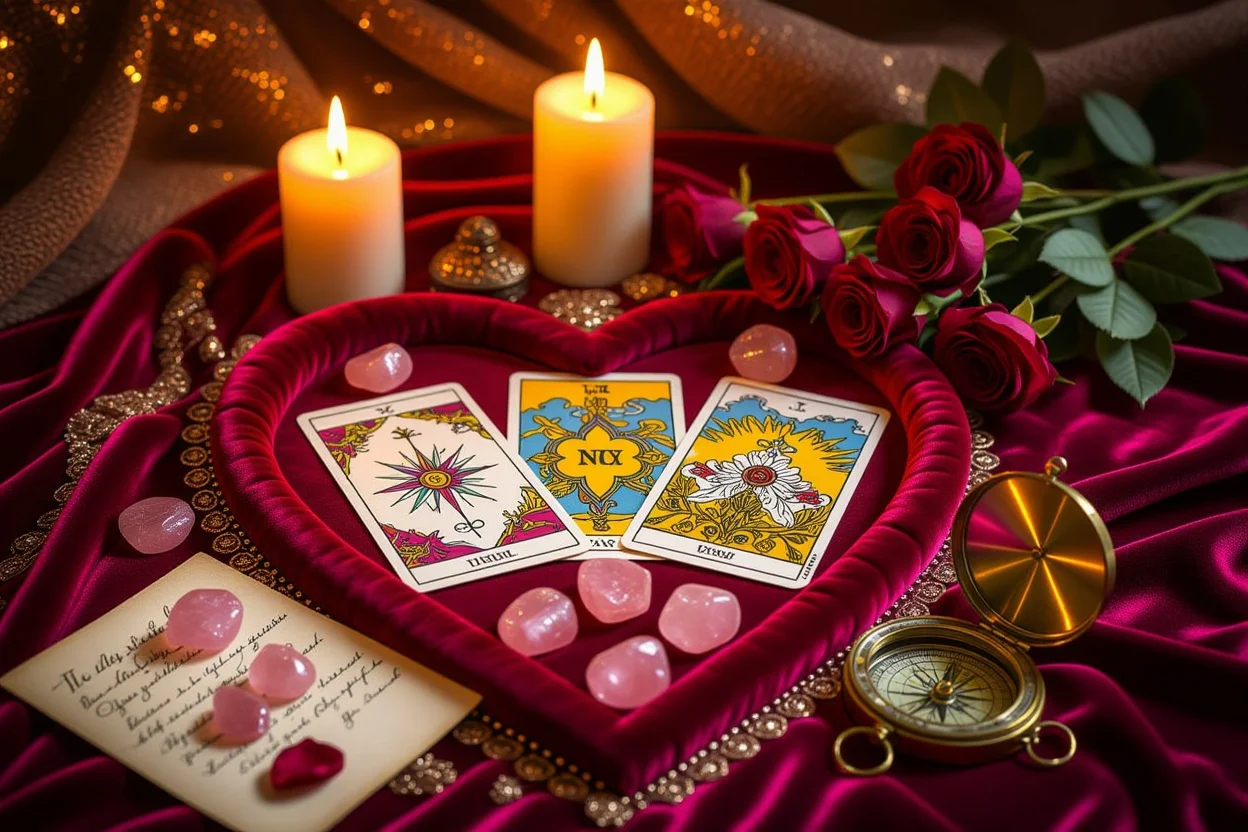 恋愛タロット占いの美しいセッティングとハートの羅針盤
