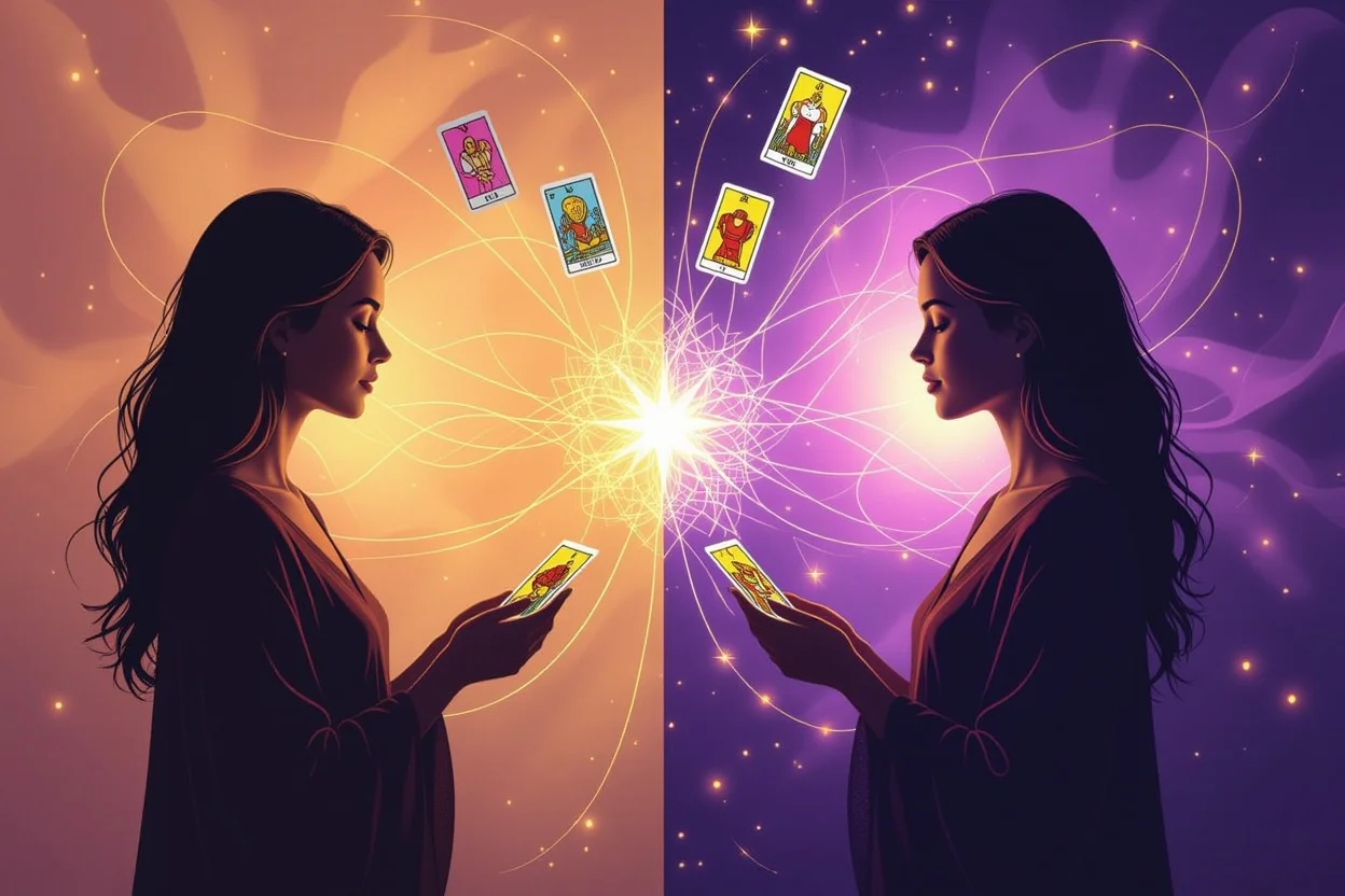 タロットを通じた自己愛の成長と変化を表現したアーティスティックな画像