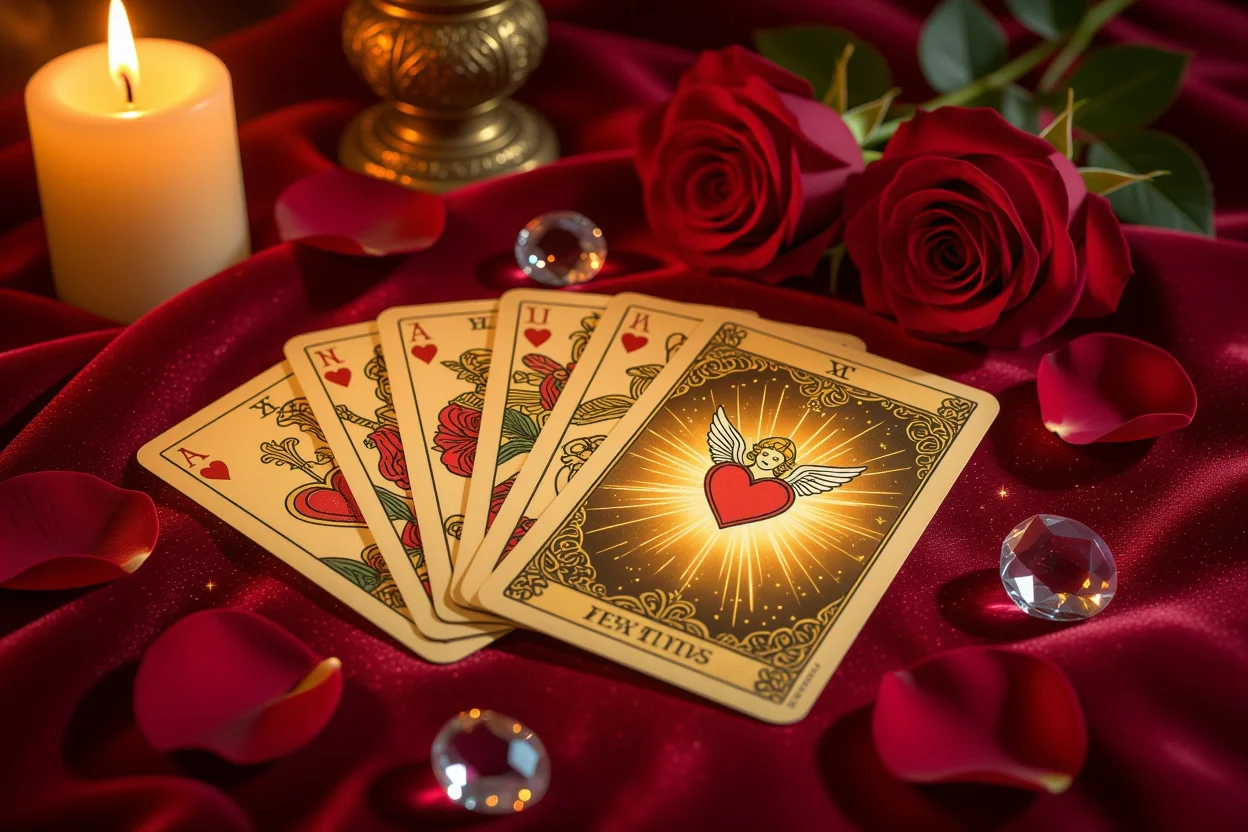 恋愛タロットカードとキャンドルライトで作られた神秘的な愛の占い空間