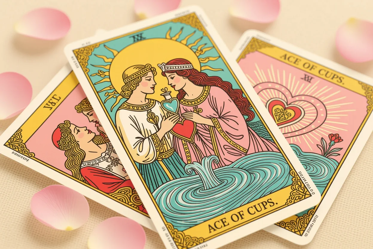恋愛専用タロットカードの美しいイラストと愛のシンボル