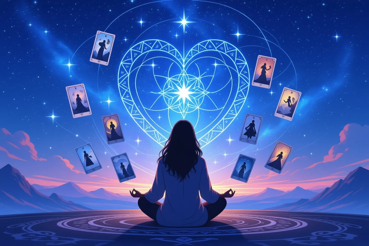 タロットカードを通じて内なる愛を発見する神秘的な自己探求の瞬間