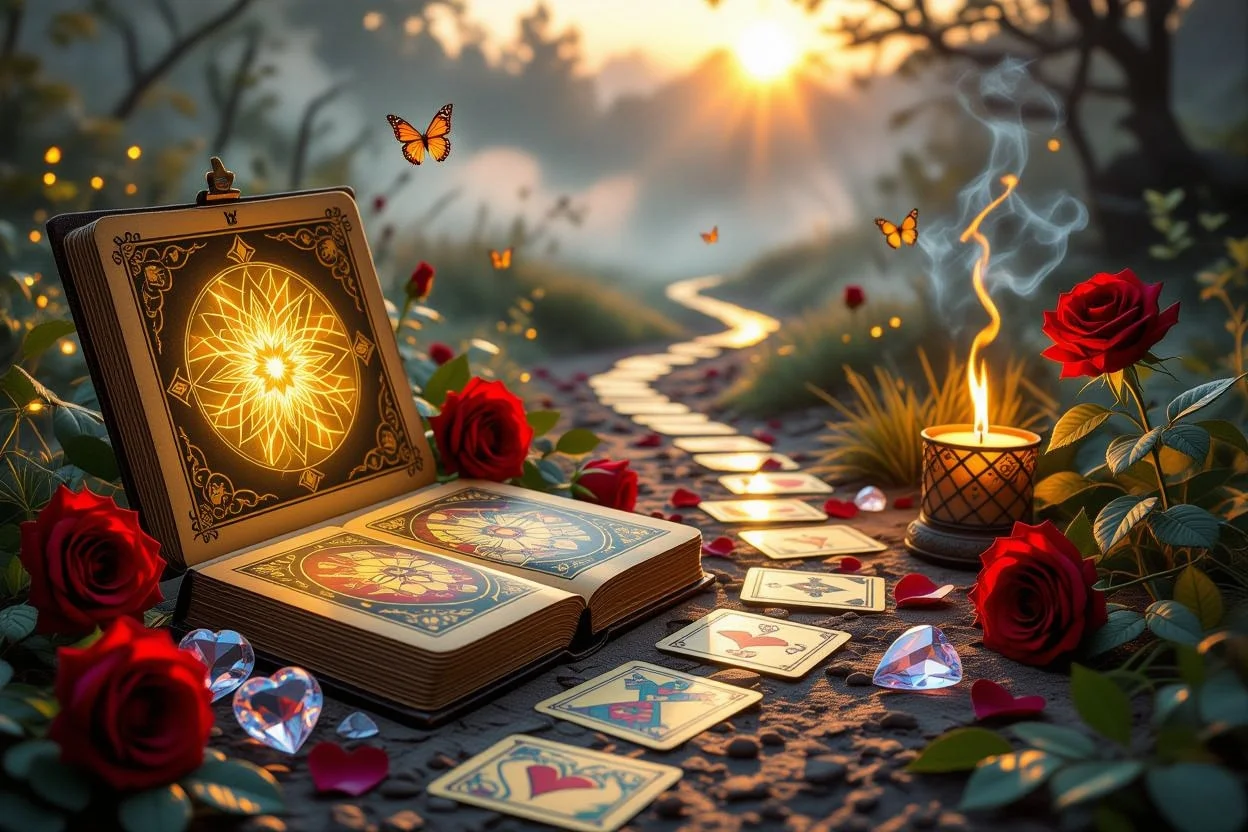 運命の恋を導くタロットガイドブックと愛のシンボルで満たされた神聖な空間