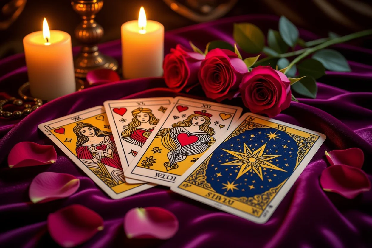 恋愛タロットカードの美しいスプレッド、バラの花びらとキャンドルの光に照らされた神秘的な占いシーン