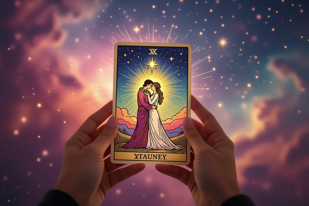 運命の恋を象徴する光り輝くタロットカード、星空の下で結ばれる恋人たちと宇宙的なエネルギー
