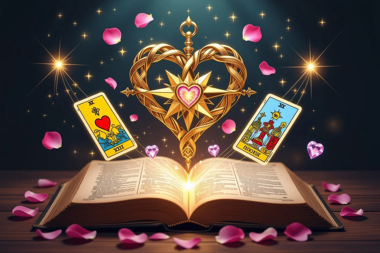 愛の羅針盤と古い魔術書から浮かび上がる恋愛タロットカード、運命の恋への導きを示す神秘的なイメージ