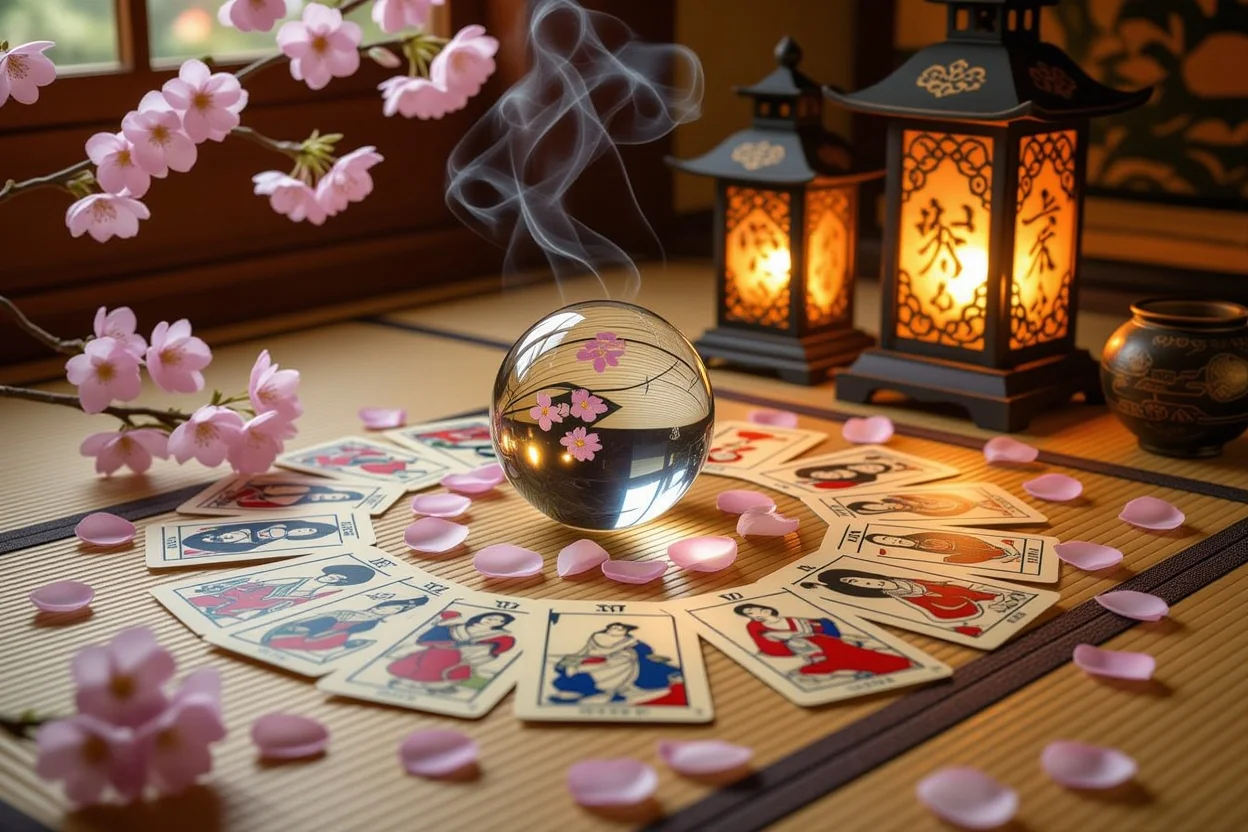 日本風の恋愛タロット占いシーン、桜の花びらと伝統的な畳の上に並ぶ美しいタロットカード