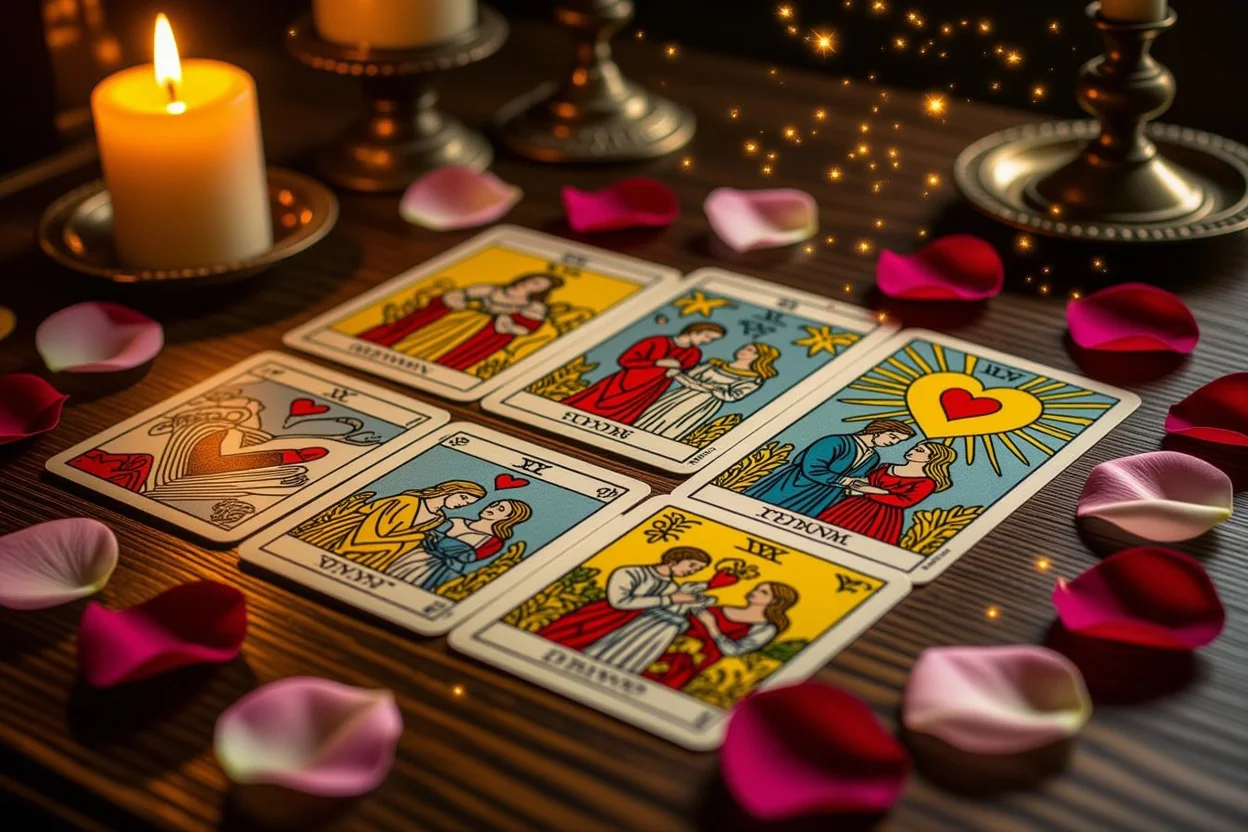 恋愛タロットカードのスプレッド - ロマンチックな雰囲気で配置されたタロットカード