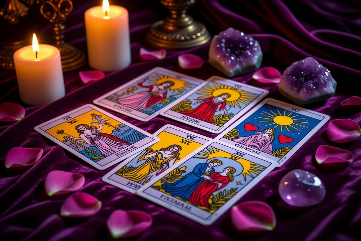 恋愛タロット占いのカードスプレッドとキャンドルの神秘的な雰囲気
