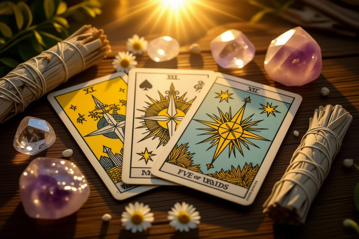 ソードの3とワンドの5のタロットカードを前向きな光で照らした癒しの構図