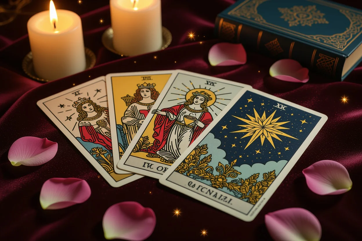 恋愛タロットカードの神秘的なスプレッド、キャンドルの光で照らされた占いの場面