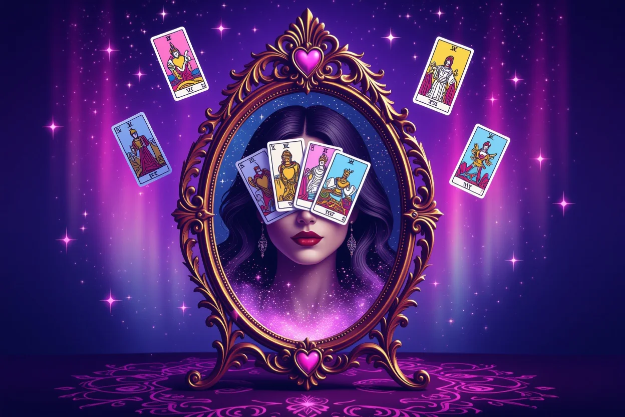 心の鏡としてのタロットカード、内なる声を映し出す神秘的な鏡のイメージ