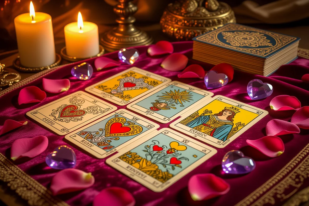 恋愛タロット占いのロマンチックなカードスプレッド、キャンドルとバラの花びらに囲まれた神秘的なシーン