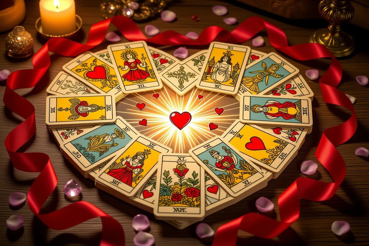 ハート型に配置された恋愛タロットカード、感情と愛を表すカップスートの美しい配列