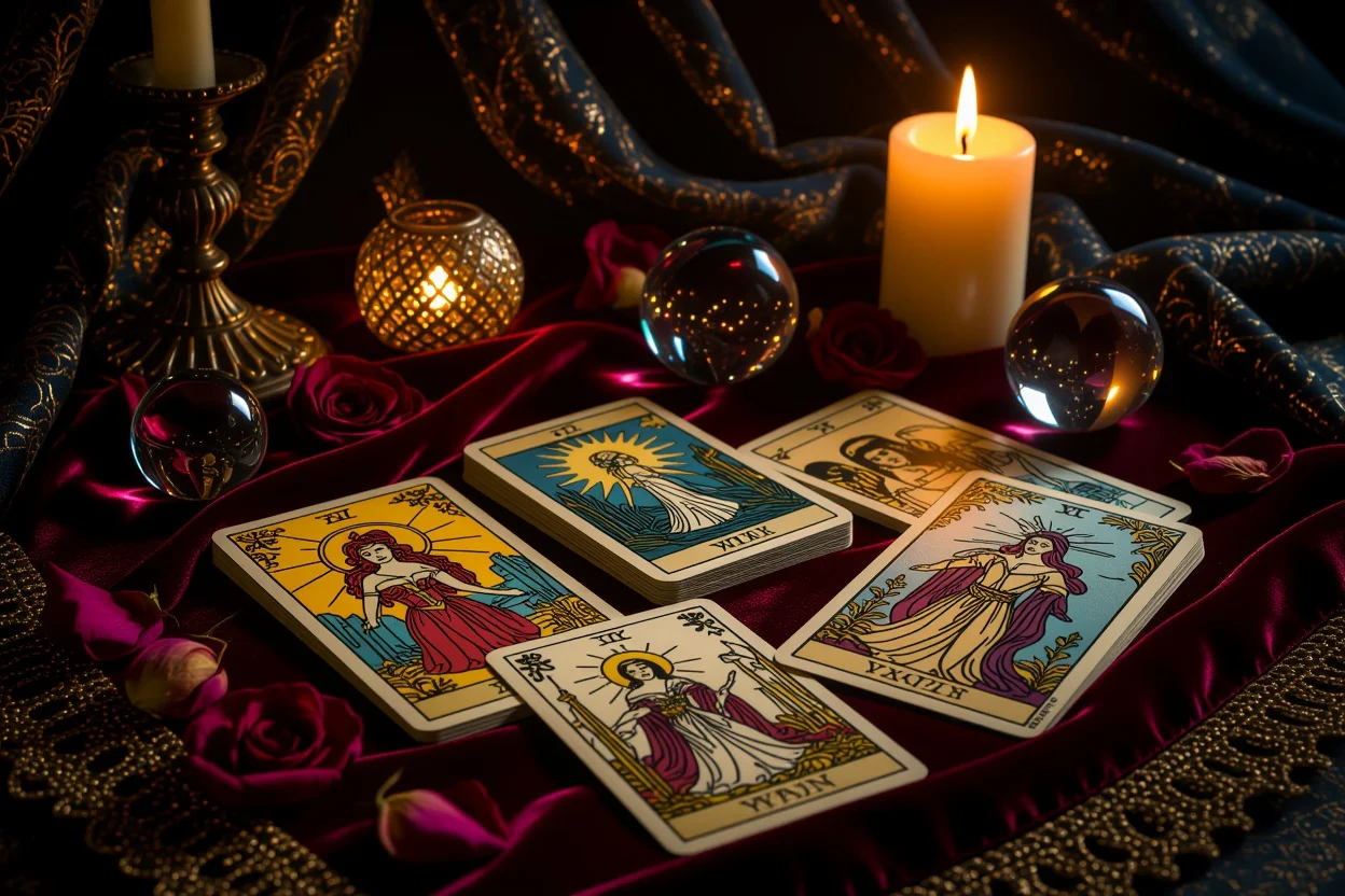 恋愛タロット占いの光と影を表現した神秘的なカードリーディングの風景