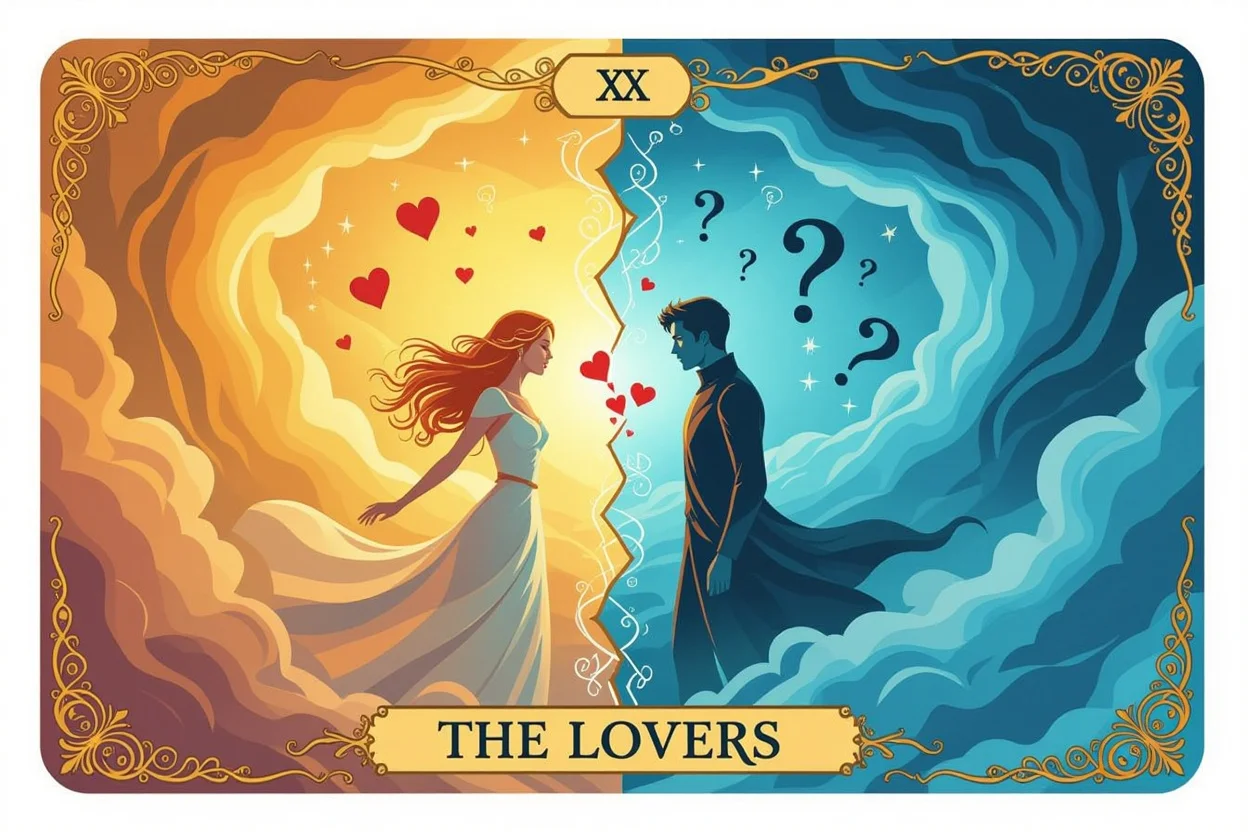 逆位置の恋人カードと恋愛の迷いを象徴する幻想的なイメージ