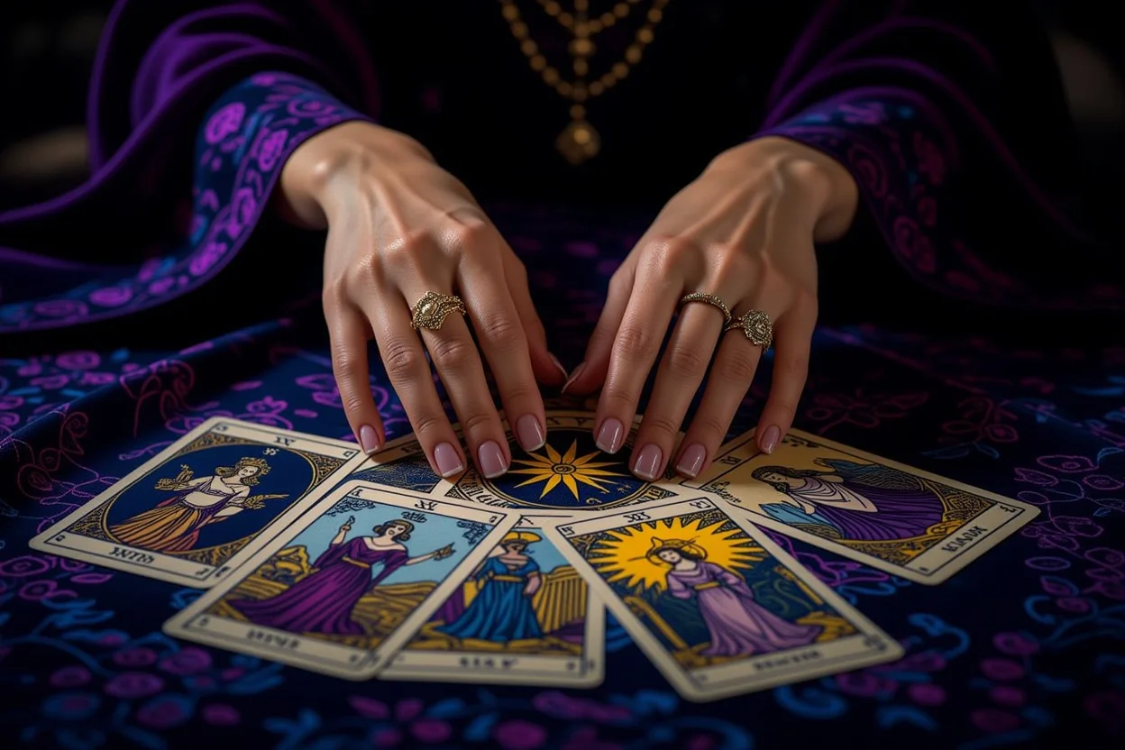 隠された本音と秘密を読み解く恋愛タロットカードの神秘的な占いシーン