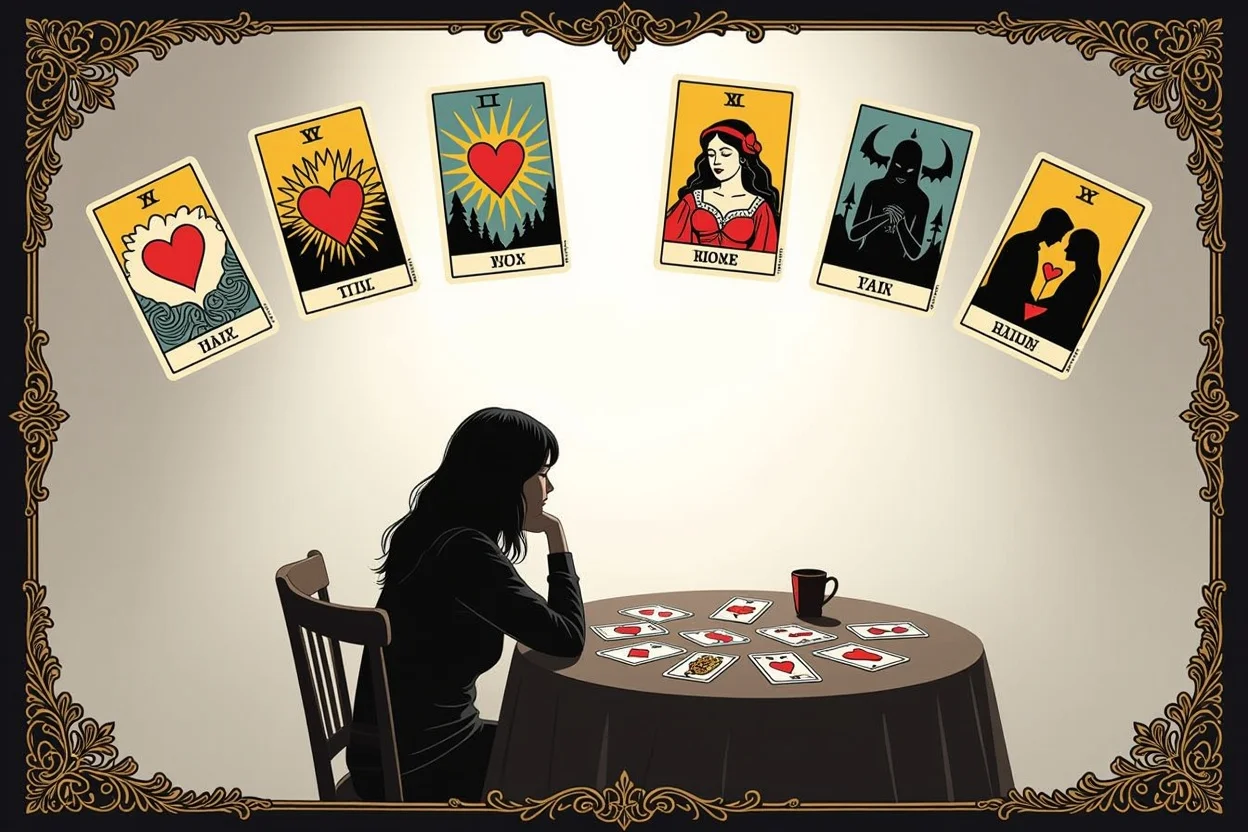恋愛の不安と向き合うタロット占いの深い洞察を表現した情緒的なシーン