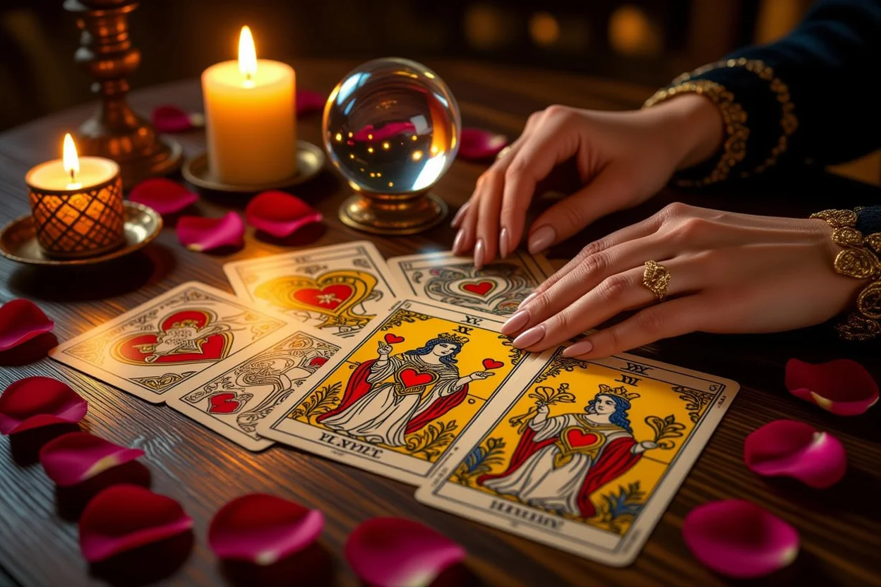 恋愛タロットカードで彼の本音を読み解く神秘的なリーディング風景