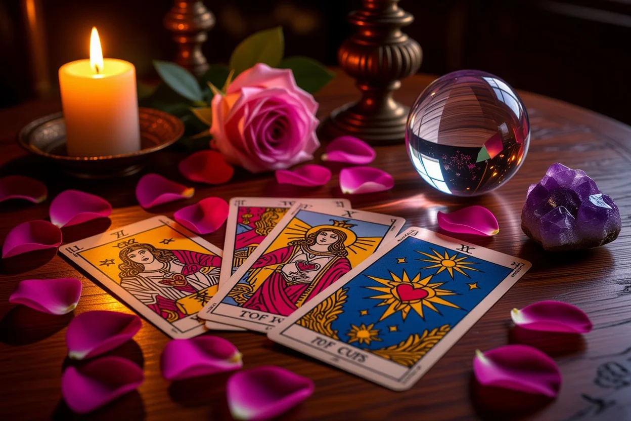 恋愛タロットカードの神秘的な占いシーン - 自己成長と愛の発見