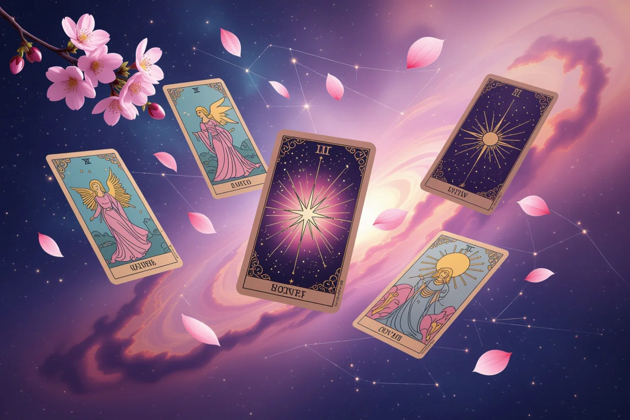 恋愛タロットカードと宇宙的エネルギーを表現した神秘的なイメージ