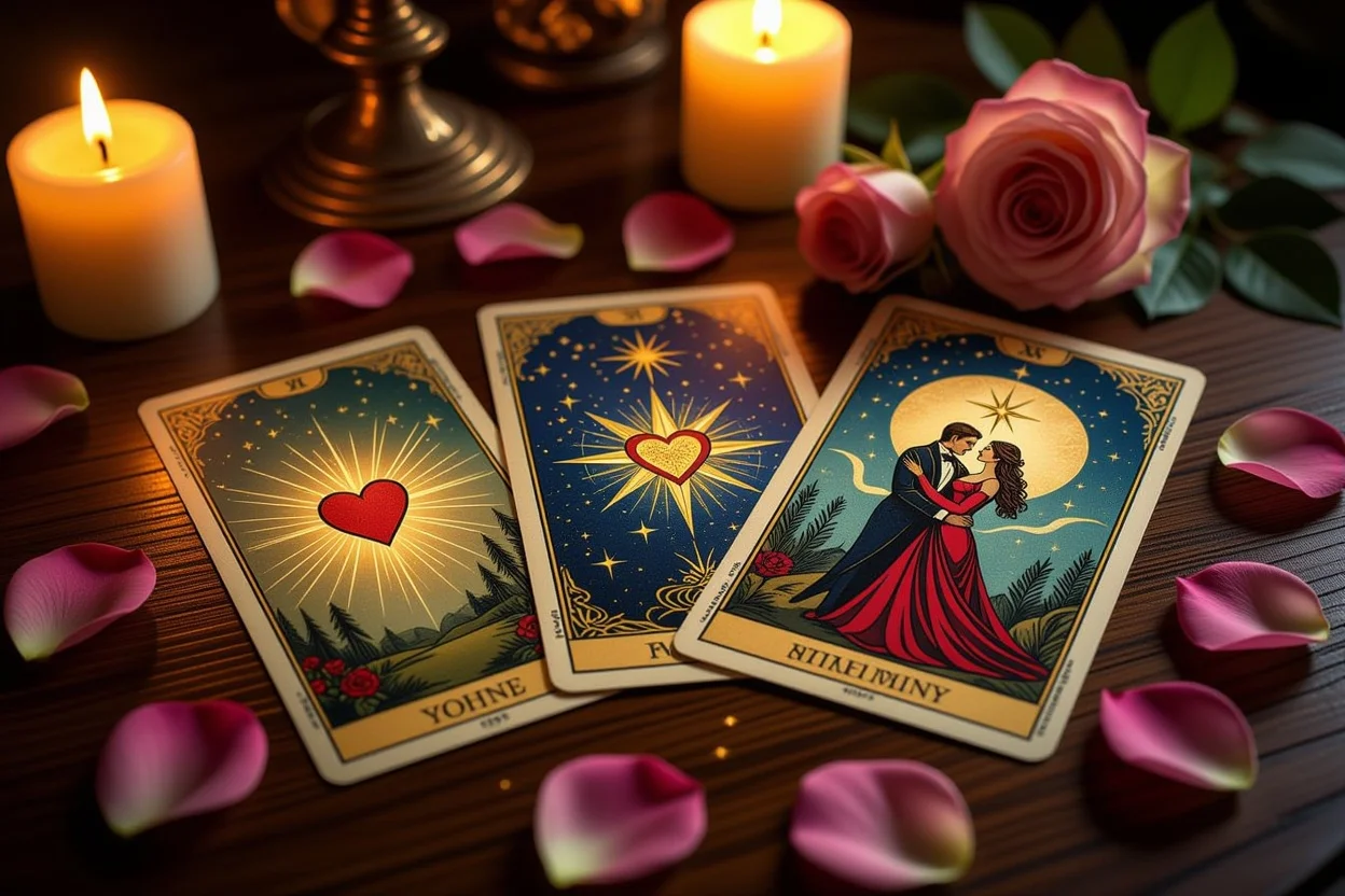 恋愛タロットカードの神秘的なスプレッド、キャンドルライトに照らされた3枚のカード