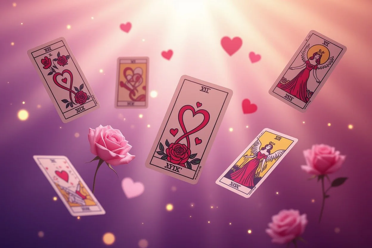 浮遊する恋愛タロットカードと神秘的な光に包まれたスピリチュアルな空間