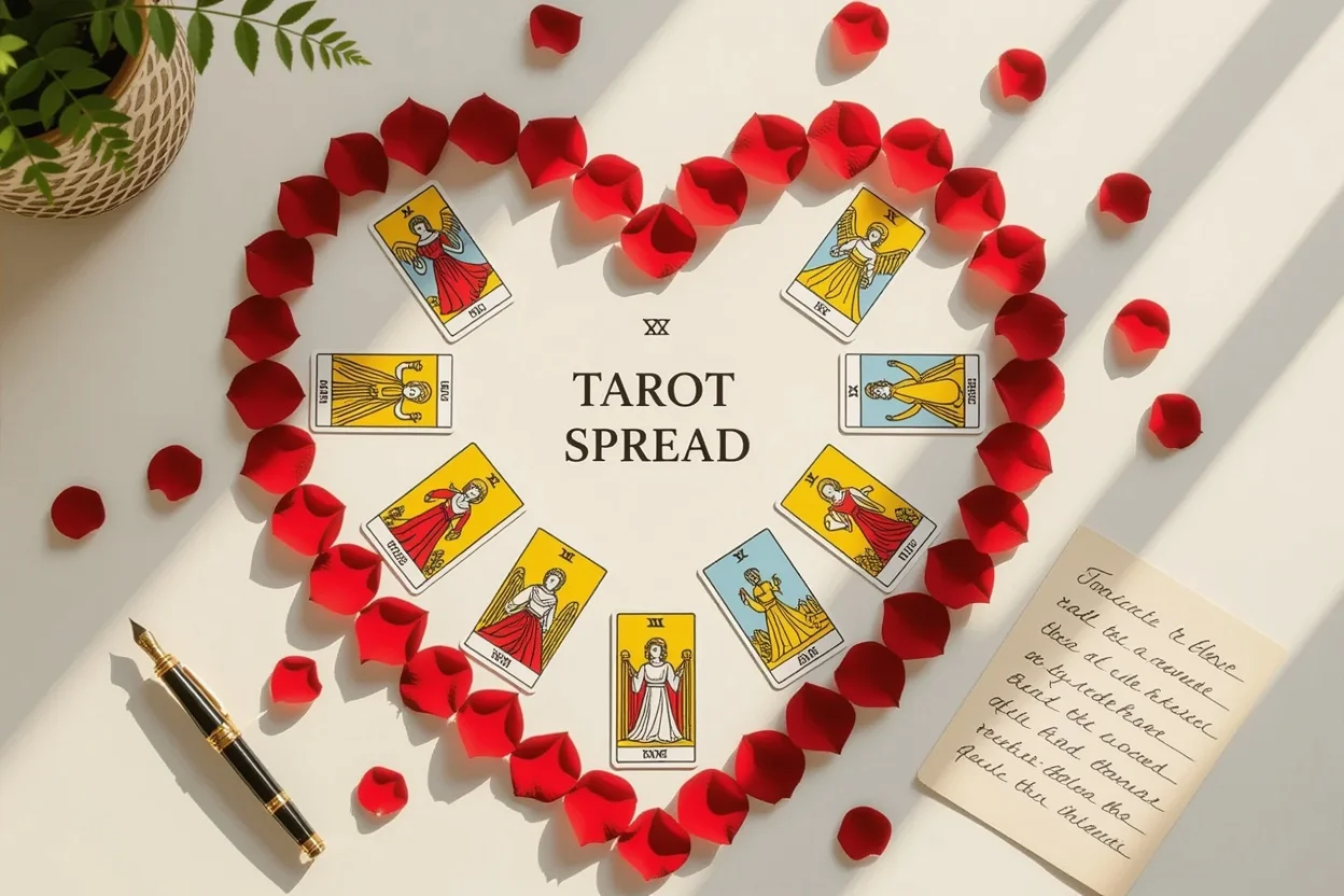 ハート型に配置された恋愛タロットカードスプレッド、現実的な恋愛アドバイスのイメージ