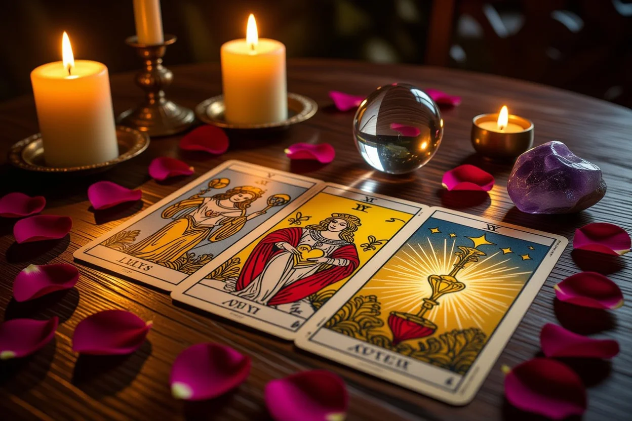 恋愛タロットカードの神秘的なスプレッド、キャンドルライトとバラの花びらで演出された占いの様子