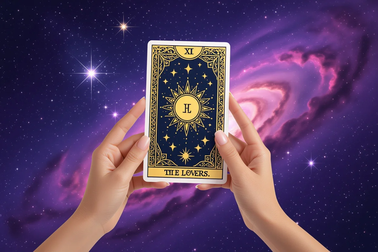 宇宙的な背景の前でタロットカードを持つ女性の手、恋人のアルカナカードと魔法的な光