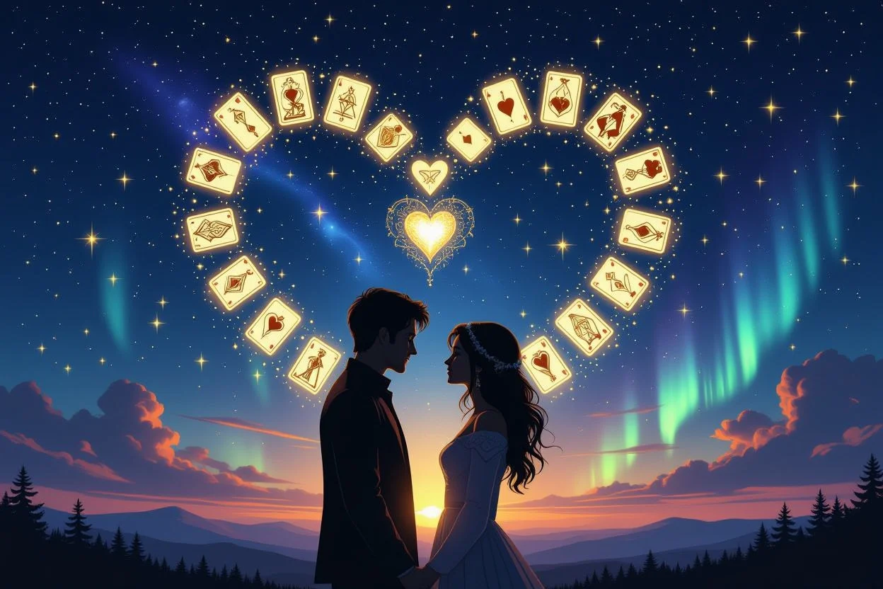 星空の下でタロットカードに囲まれたカップルのシルエット、運命の絆を表現した神秘的なイメージ