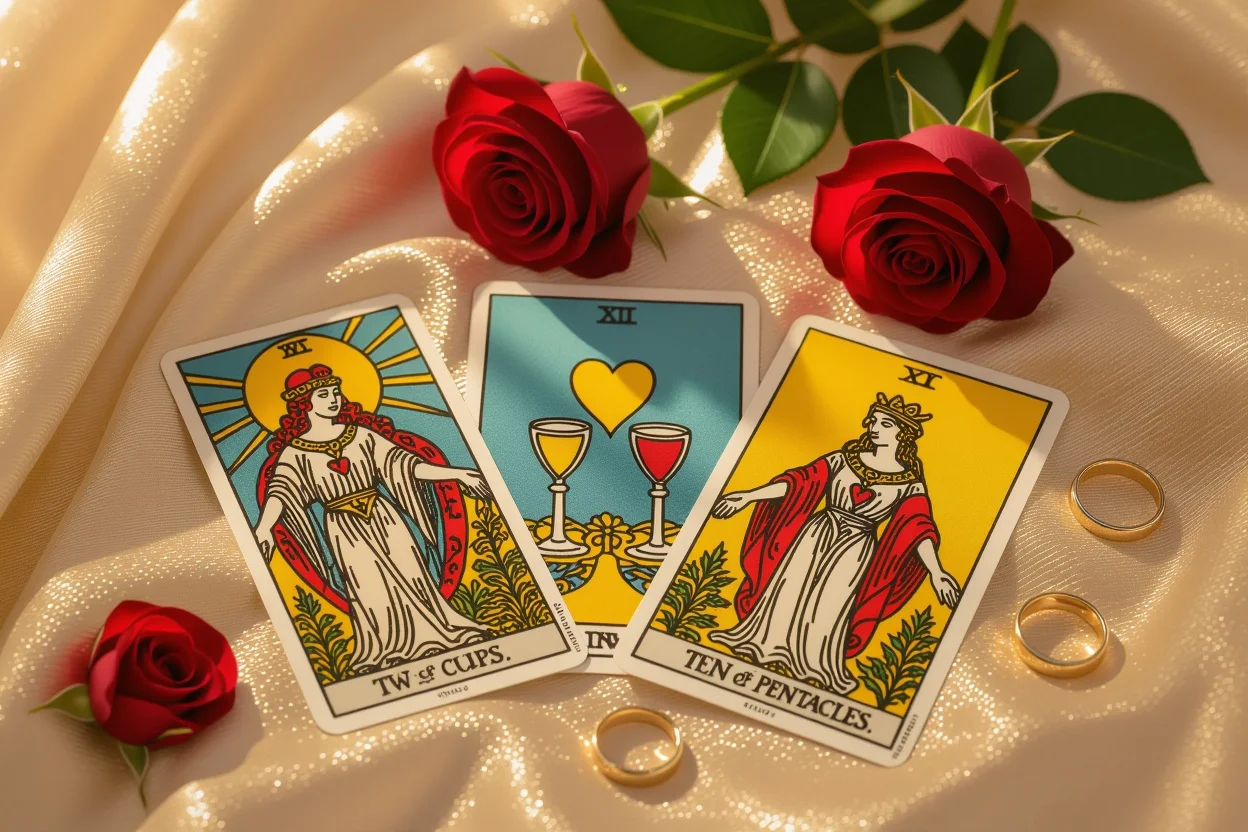 恋愛関係の段階を表現する3枚のタロットカード、ベルベット生地の上に配置された美しいアートワーク