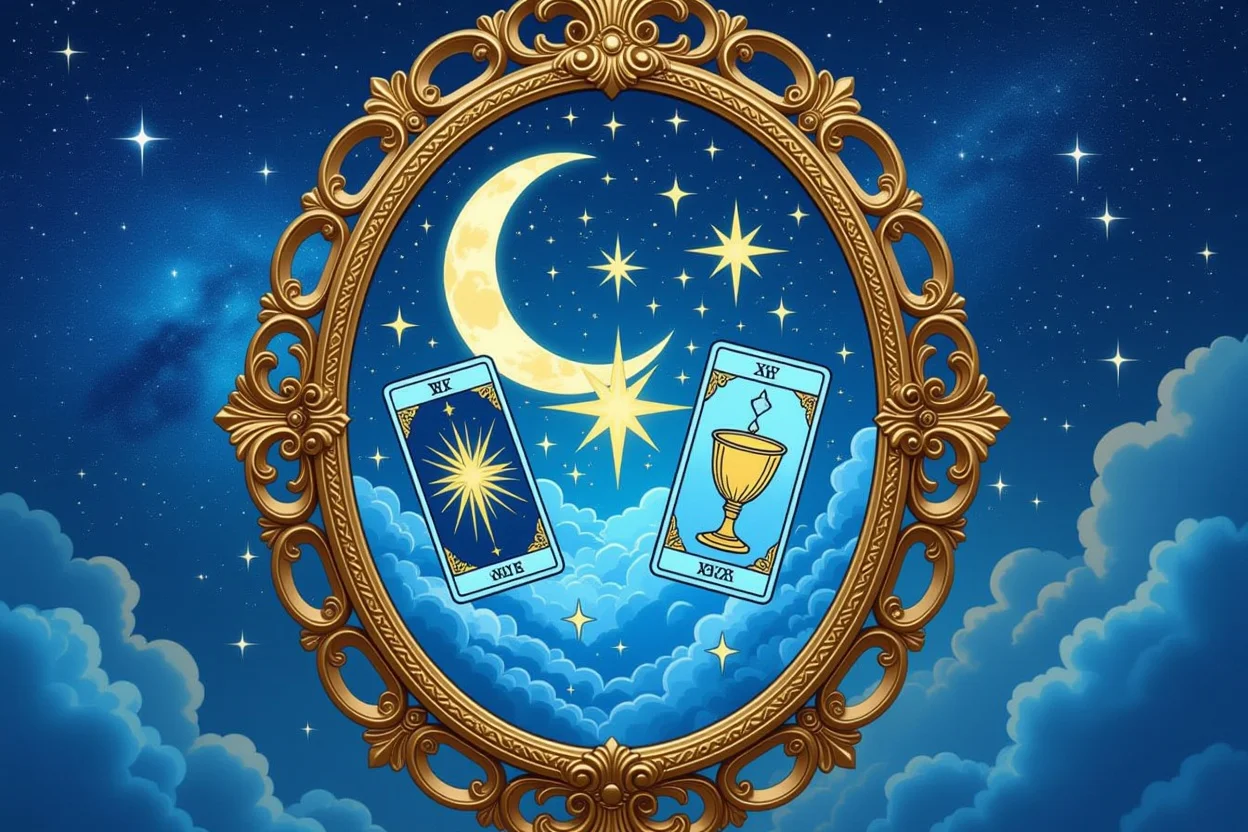 自己内省と真実を映すタロットの鏡のイメージ - 神秘的で美しい構図