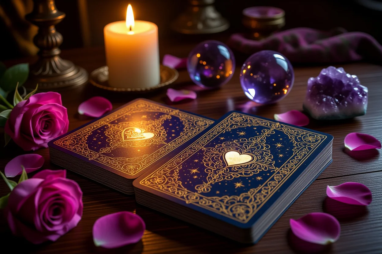 恋愛タロットカードの神秘的なスプレッド、キャンドルライトとバラの花びらに囲まれた占いの様子