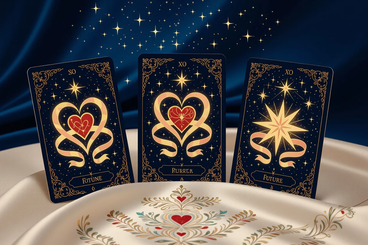 運命の恋を示す3枚のキータロットカード、星空の背景に金色の光で輝く様子
