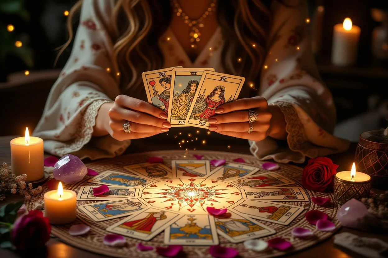 恋愛タロット鑑定師の手がカードを持つ様子、ロマンチックで神秘的な占いのシーン