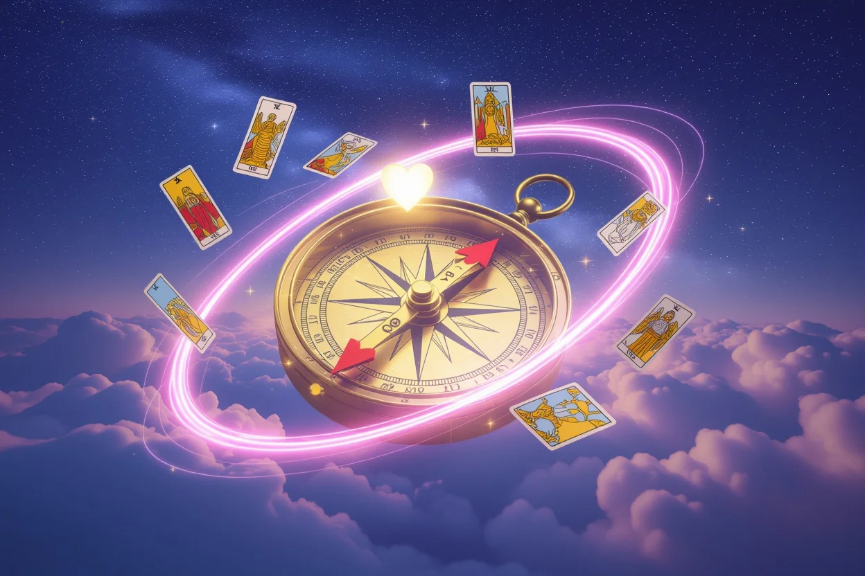 愛の羅針盤とタロットカードが描く運命の恋の方向性、星空と雲海の幻想的な背景