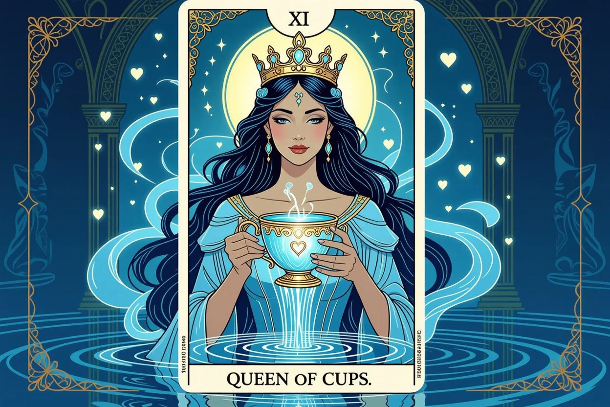 カップのクイーンタロットカード、神秘的な光と隠されたメッセージのイメージ