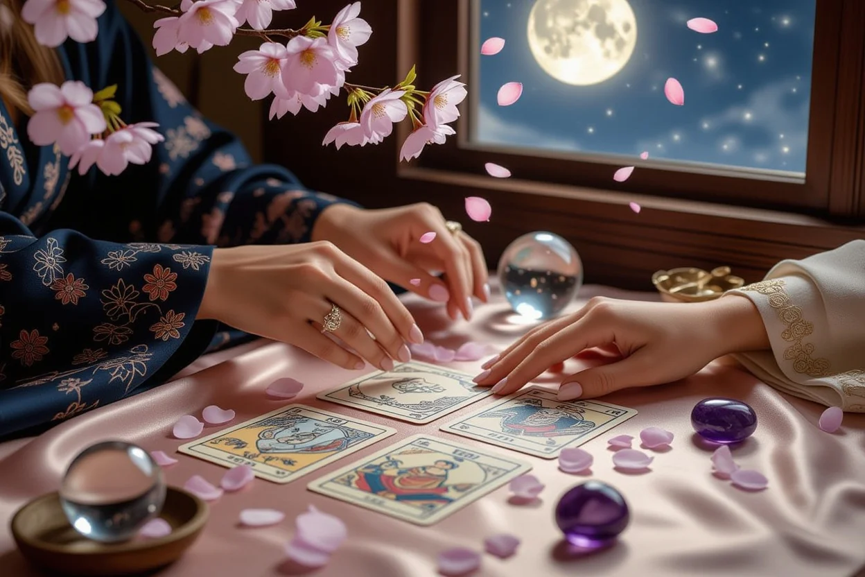 タロット占い師による恋愛鑑定の様子、月光と桜の花びら