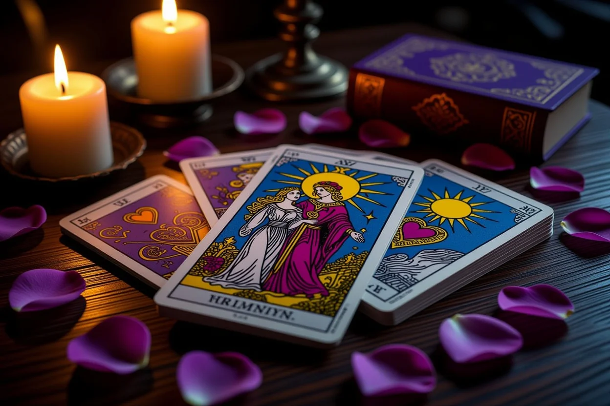 恋愛タロットカードの美しいスプレッド、キャンドルの光に照らされた神秘的な雰囲気