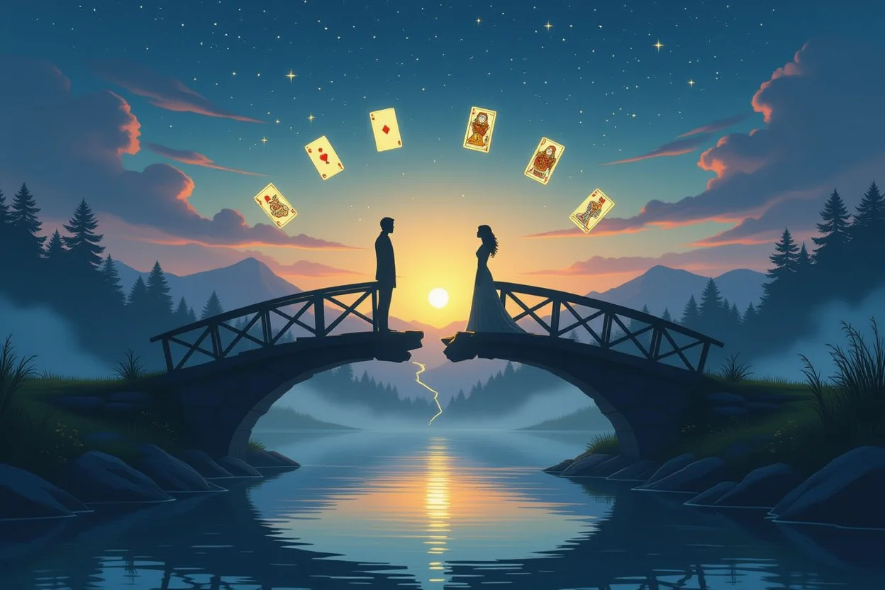恋愛の停滞を表現する幻想的なイメージ、橋の両端に立つ二人のシルエットとタロットカード