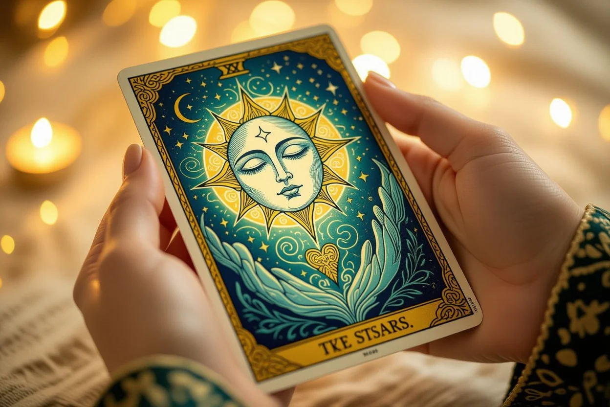 隠された感情を読み解くタロットカード、手に持たれた神秘的に光るカードのクローズアップ