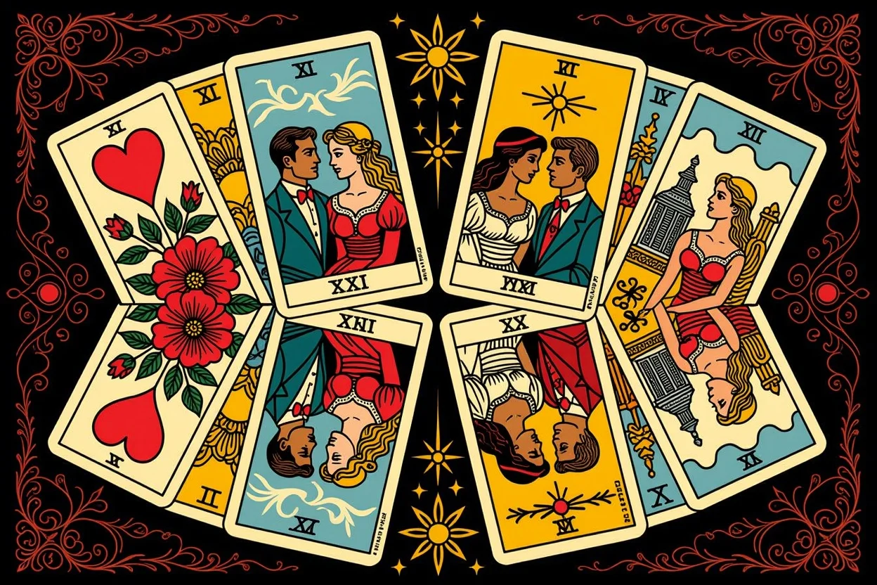 現実を映し出す鏡としてのタロット、理想と現実を対比させた芸術的な構図