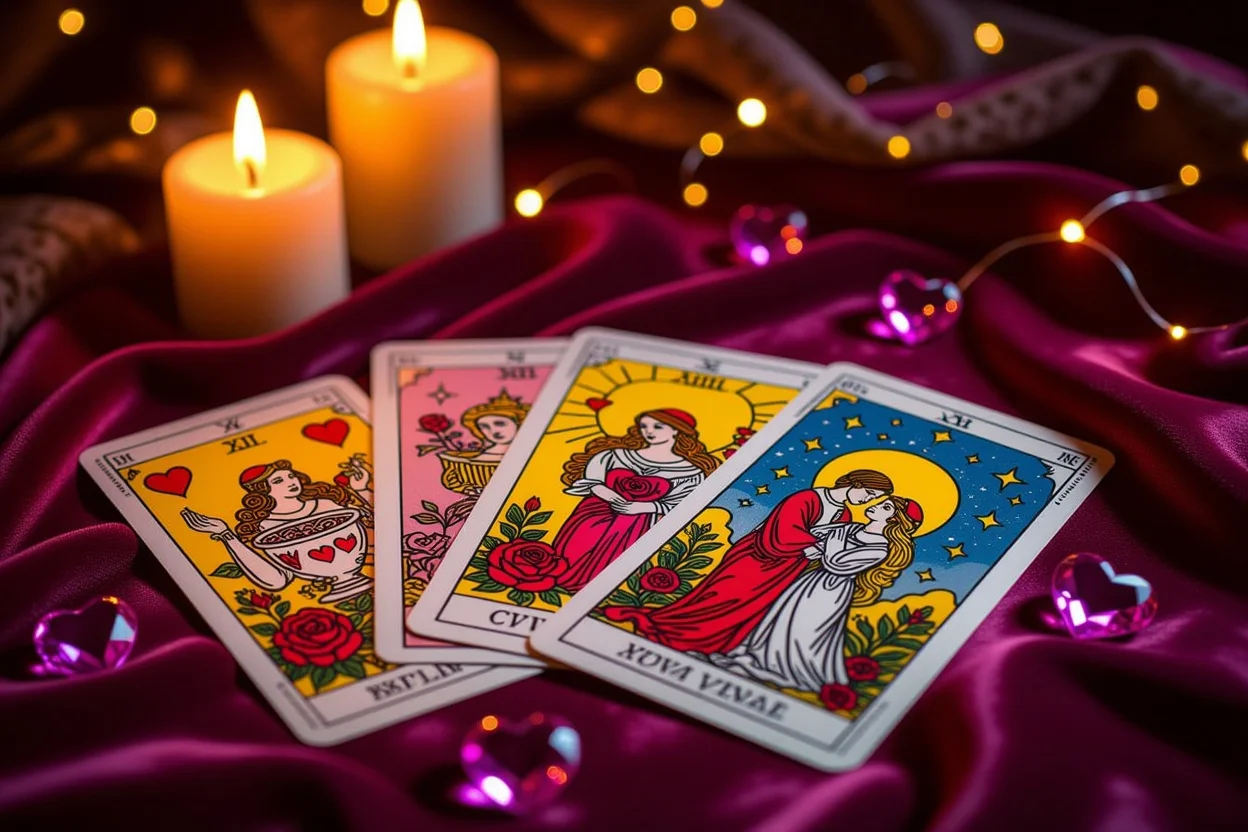 恋愛タロットカードとキャンドルの神秘的な占いシーン