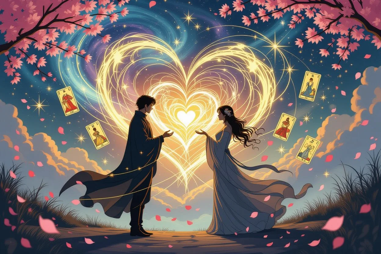 運命の恋を表現した神秘的なタロットと宇宙のイメージ